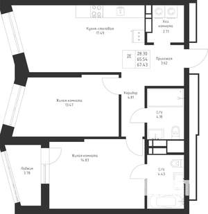 2-к квартира, вторичка, 67м2, 13/23 этаж