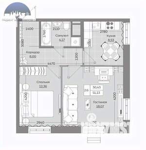 2-к квартира, вторичка, 51м2, 17/24 этаж
