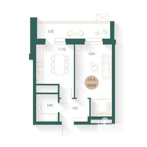 1-к квартира, строящийся дом, 38м2, 12/17 этаж
