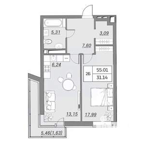 2-к квартира, вторичка, 55м2, 3/9 этаж