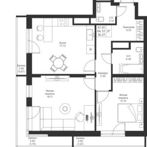 2-к квартира, вторичка, 68м2, 17/25 этаж