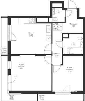 2-к квартира, вторичка, 68м2, 13/24 этаж