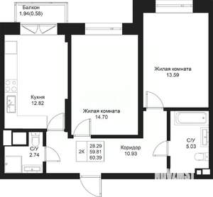 2-к квартира, вторичка, 49м2, 19/19 этаж