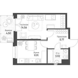 1-к квартира, строящийся дом, 36м2, 19/20 этаж
