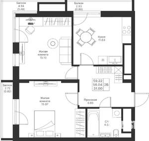 2-к квартира, вторичка, 59м2, 20/24 этаж