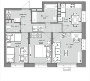 3-к квартира, вторичка, 71м2, 15/19 этаж