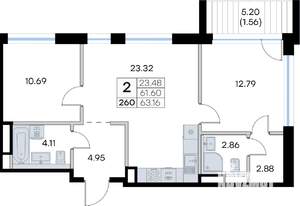 2-к квартира, вторичка, 63м2, 3/8 этаж
