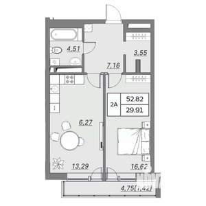 2-к квартира, вторичка, 53м2, 4/9 этаж