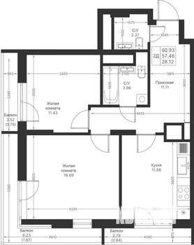 2-к квартира, вторичка, 61м2, 22/24 этаж