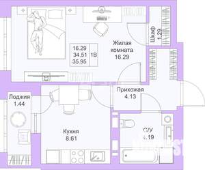 1-к квартира, вторичка, 34м2, 10/26 этаж
