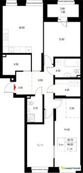 3-к квартира, вторичка, 91м2, 8/22 этаж