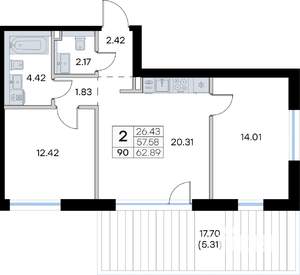2-к квартира, вторичка, 63м2, 1/8 этаж
