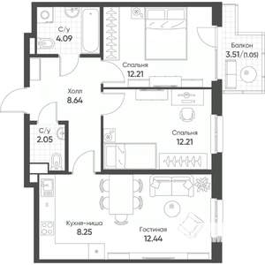 3-к квартира, строящийся дом, 61м2, 6/8 этаж