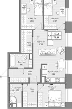 4-к квартира, вторичка, 78м2, 8/24 этаж