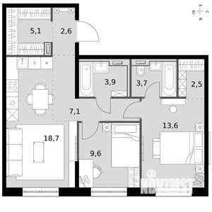 3-к квартира, вторичка, 67м2, 12/19 этаж