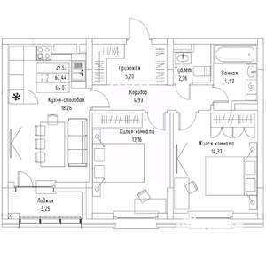 2-к квартира, вторичка, 64м2, 9/9 этаж