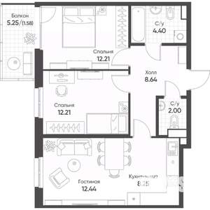 3-к квартира, строящийся дом, 62м2, 8/8 этаж