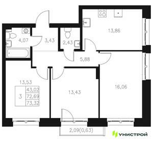 3-к квартира, вторичка, 73м2, 6/7 этаж