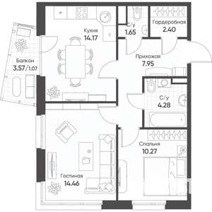 2-к квартира, строящийся дом, 56м2, 3/17 этаж