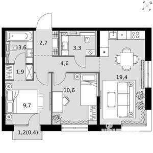 2-к квартира, вторичка, 56м2, 6/20 этаж