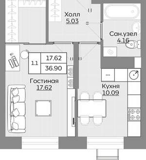 1-к квартира, вторичка, 37м2, 14/24 этаж
