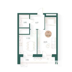 1-к квартира, строящийся дом, 42м2, 15/24 этаж