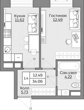 1-к квартира, вторичка, 34м2, 13/24 этаж