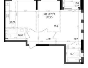 2-к квартира, вторичка, 71м2, 8/23 этаж