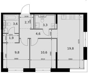 2-к квартира, вторичка, 56м2, 13/20 этаж