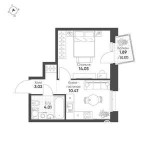 1-к квартира, строящийся дом, 32м2, 4/19 этаж