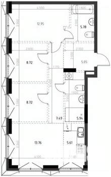 3-к квартира, вторичка, 74м2, 7/15 этаж