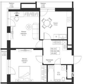2-к квартира, вторичка, 59м2, 23/25 этаж