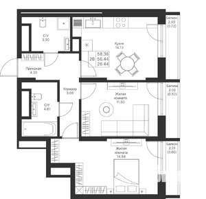 2-к квартира, вторичка, 58м2, 22/24 этаж