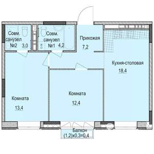2-к квартира, строящийся дом, 59м2, 6/14 этаж