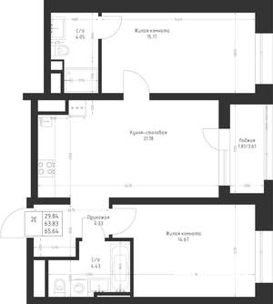 2-к квартира, вторичка, 66м2, 6/23 этаж