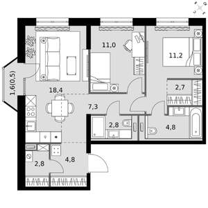 2-к квартира, вторичка, 66м2, 11/20 этаж