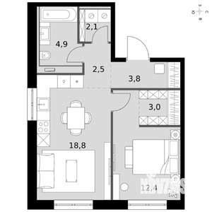 2-к квартира, вторичка, 48м2, 3/19 этаж