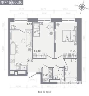 2-к квартира, строящийся дом, 60м2, 13/23 этаж