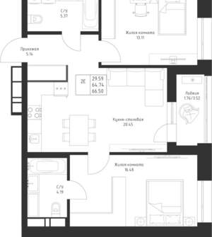 2-к квартира, вторичка, 67м2, 12/23 этаж