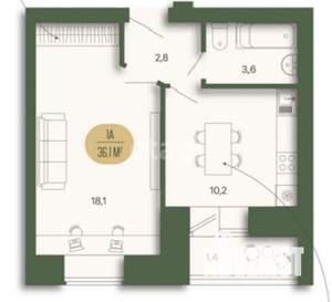 1-к квартира, сданный дом, 36м2, 4/9 этаж
