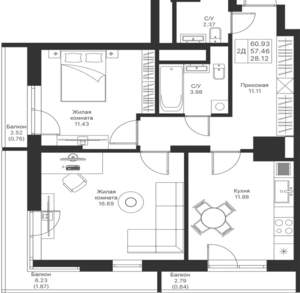 2-к квартира, вторичка, 61м2, 23/24 этаж