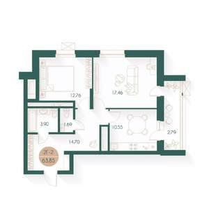 2-к квартира, строящийся дом, 64м2, 13/24 этаж