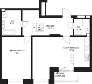 1-к квартира, вторичка, 66м2, 2/5 этаж