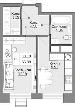 1-к квартира, вторичка, 34м2, 18/24 этаж