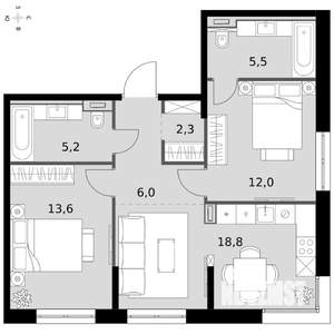 3-к квартира, вторичка, 64м2, 17/19 этаж