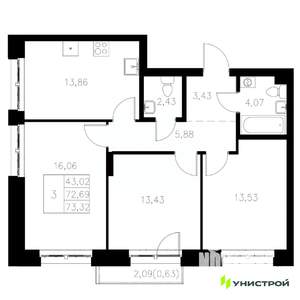 3-к квартира, вторичка, 73м2, 6/8 этаж