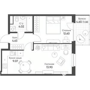2-к квартира, строящийся дом, 46м2, 7/8 этаж