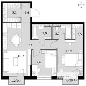 3-к квартира, вторичка, 68м2, 4/19 этаж