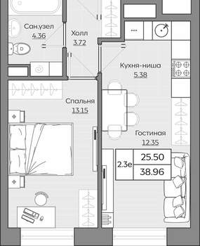 2-к квартира, вторичка, 39м2, 19/24 этаж