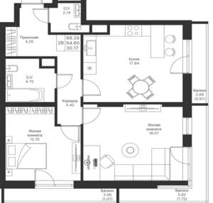 2-к квартира, вторичка, 68м2, 16/25 этаж